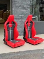 Universal Reclining Sport Bucket Seats Pair with Gloss Carbon-Look Backs - Red & Black Vinyl